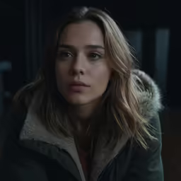 a woman with blue eyes and hooded jacket