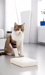 a fat cat is sitting on the ground next to a white square