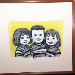 an art work shows three kids standing in front of a yellow background