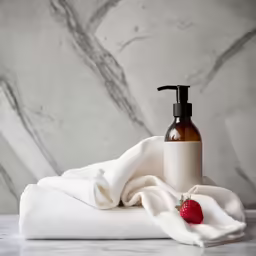 a white towel under a brown soap bottle on a counter