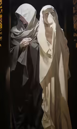 a statue in front of a stained glass window