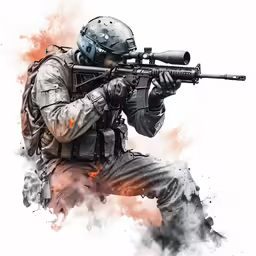a soldier with his gun, watercolor illustration