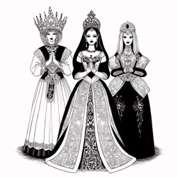four women wearing royal clothing are depicted in black and white