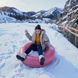a woman in an inner tube sits on a snowy hill