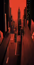 red light is shining down on a city with tall buildings