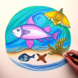 a drawing of two fish next to different objects,someone is drawing a painting of fishes and starfish