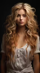 a woman with long blonde hair posing for the camera,a woman with long hair with very big curls