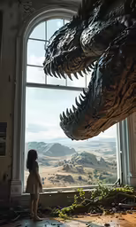 a child standing by a huge window looking at an dinosaur