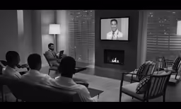 several people sitting in chairs watching tv with a man on his computer