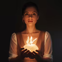 a woman is holding a burning ball in her hands