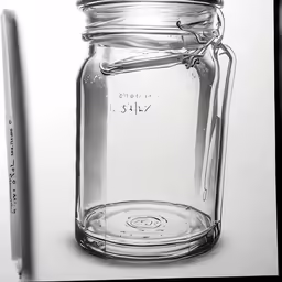 a glass jar sits next to a pencil on a table