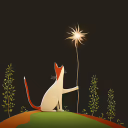 a white cat sitting on top of a green hillside