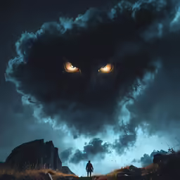a person walking toward the clouds of an animal
