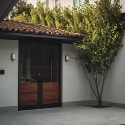 an entrance to a home with black doors and doors