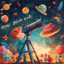 a painting of a kid looking into a telescope