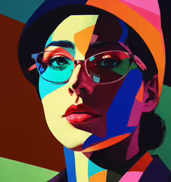 a painting of a woman wearing glasses with a colorful background,a digital portrait of a woman wearing glasses