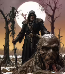 a man in a plague costume with a sword standing next to a dead animal