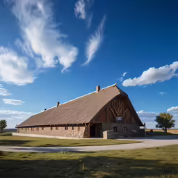 a large stone and thatch roofed building with trees around