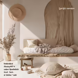 a room has white walls and natural items