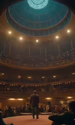 man stands in front of the crowd in an open space