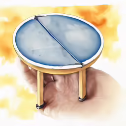 a hand holding a blue table with an oval white and gold top