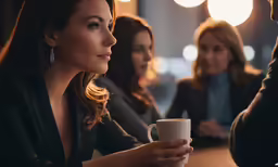 woman with cup talking while men sit at the table