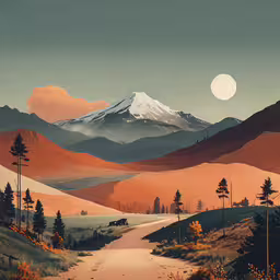 there is a painting that looks like a painting with a mountain,the beautiful landscape has a road through it