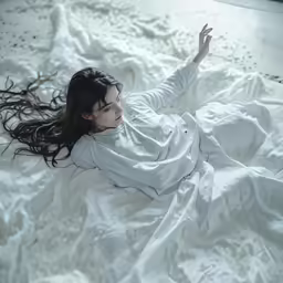 a woman lying in bed with the covers down