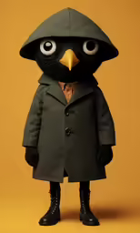 a dark bird wearing a coat with two eyes