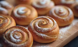 a bunch of cinnamon rolls sitting on top of a cutting board