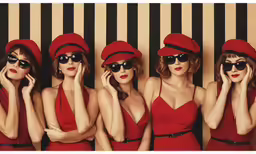 several women in sunglasses and a red dress