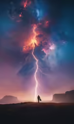 a man in the dark stands on a mountain top and watches a lightning storm