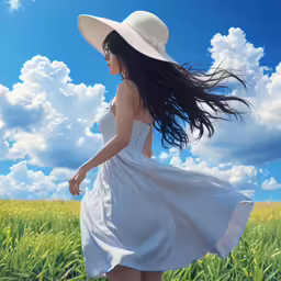 an animated woman walking through a grass covered field