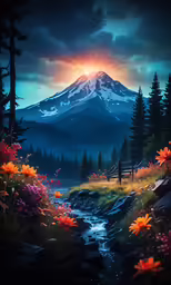 the beautiful view of a mountain with flowers in front of it