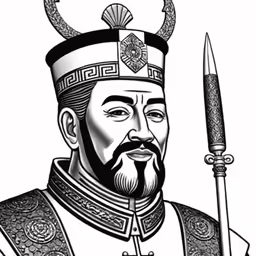 a black and white image of a chinese emperor holding a sword