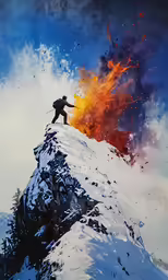 a man stands on a hill looking at the fire coming from his skis