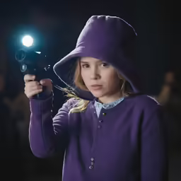 girl in purple shirt holding a light on camera
