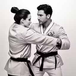 two people wearing karate uniforms are standing together