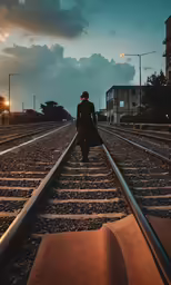 a person standing on top of train tracks near the sunset