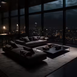 a couch and table in a dark room