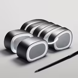 a pair of speakers with a pen in the background