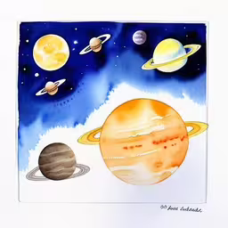 a painting of an outer planets on the table,a painting of saturn, uros and the five planets
