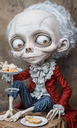 an image of an old zombie having tea