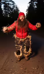 a man wearing costume with an evil look is posing with arms out