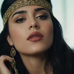 a woman with long dark hair wearing a head piece and ear jewelry
