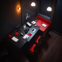 a large table with some red chairs and white items on it