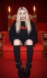 a woman sitting on a red chair with two candles
