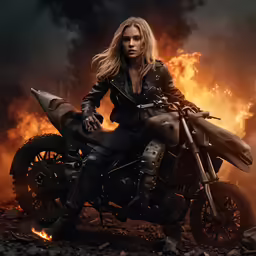 a girl riding a motorcycle in the middle of a lot