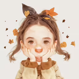 a young girl in an odd expression surrounded by falling leaves