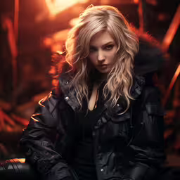 young blonde woman dressed in black leather outfit,a woman with a black jacket and gloves